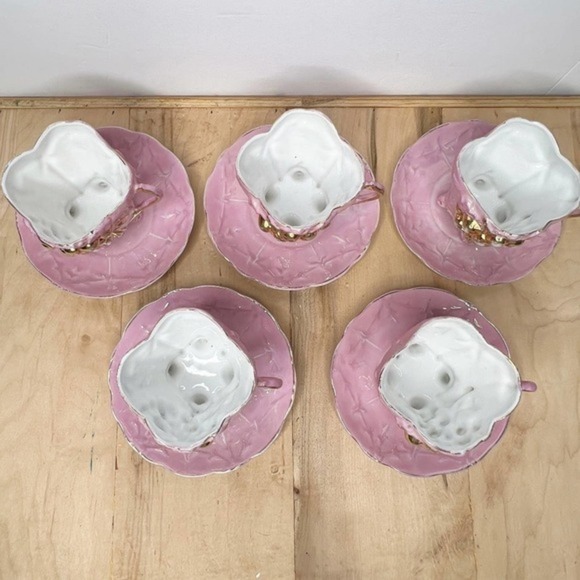 Pink & Gold Lusterware Set of 5 Teacup & Saucer Victorian Luster‎ Raised Grapes - Picture 7 of 16